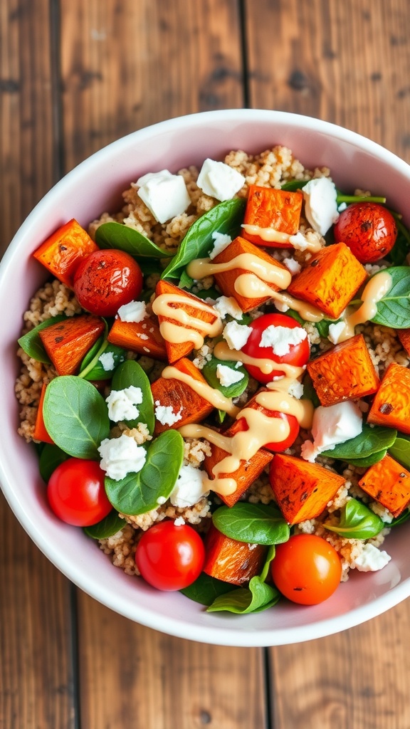 A nourishing quinoa and sweet potato bowl with roasted sweet potatoes, spinach, cherry tomatoes, topped with tahini and feta on a rustic table.